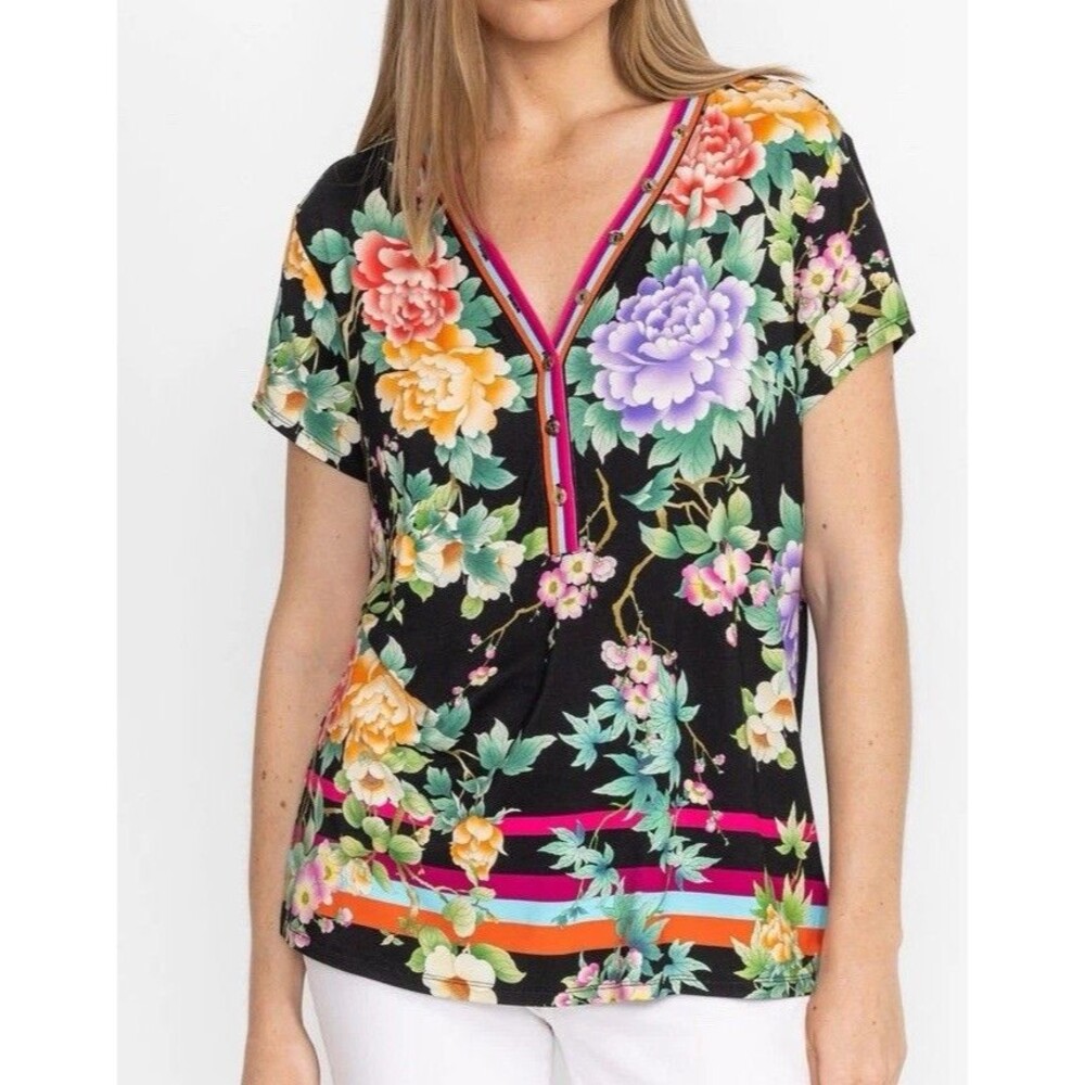 Johnny Was The Janie Floral Favorite Button Neck Tee Size Large Petite